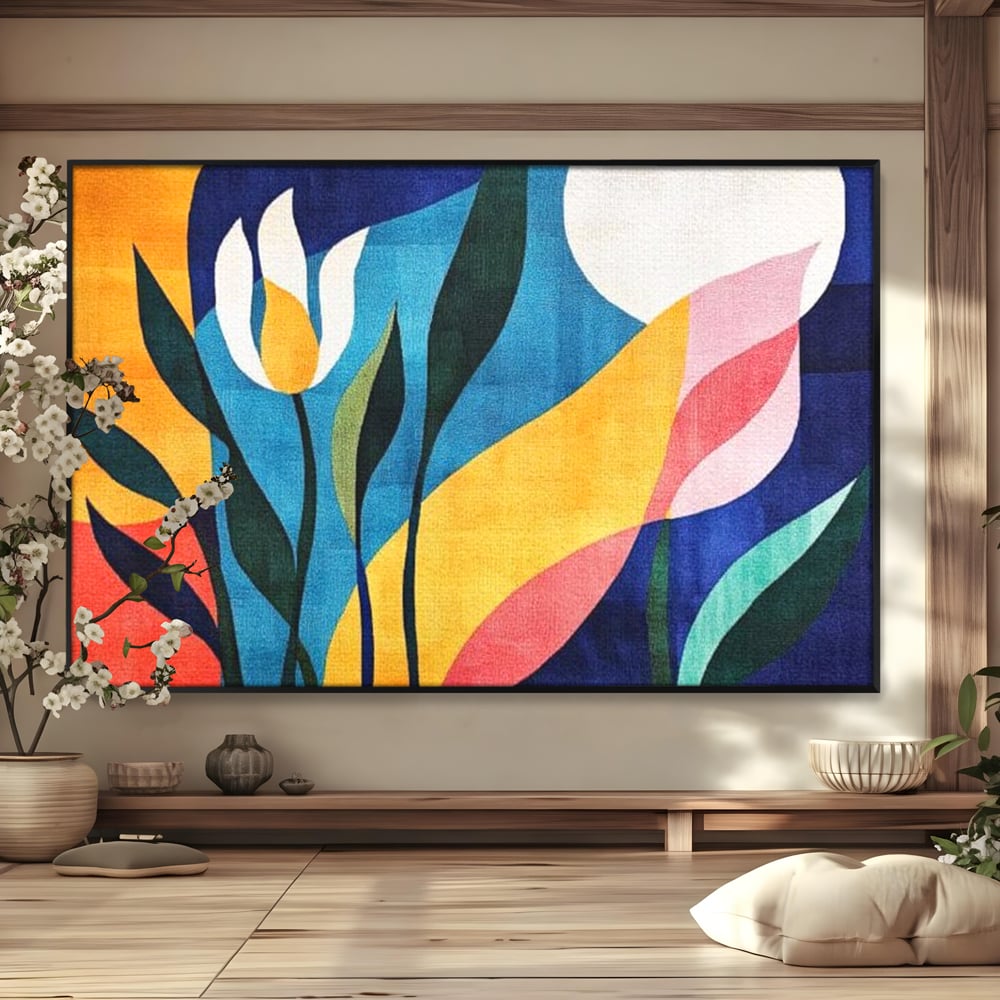 Tablou canvas cu tablou canvas cu flori abstracte, in rama de aluminiu negru
